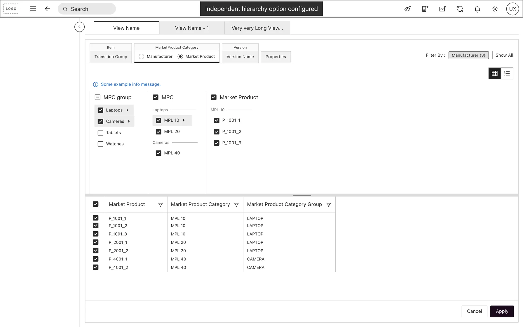 Rebuilt low-fi screen labelled Independent hierarchy option configured: the tab shows radio buttons for Manufacturer and Market Product, with Market Product chosen, and the same columns and grid.
